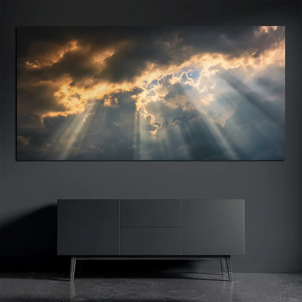 Sun ray metal wall art on brushed aluminum above dark console