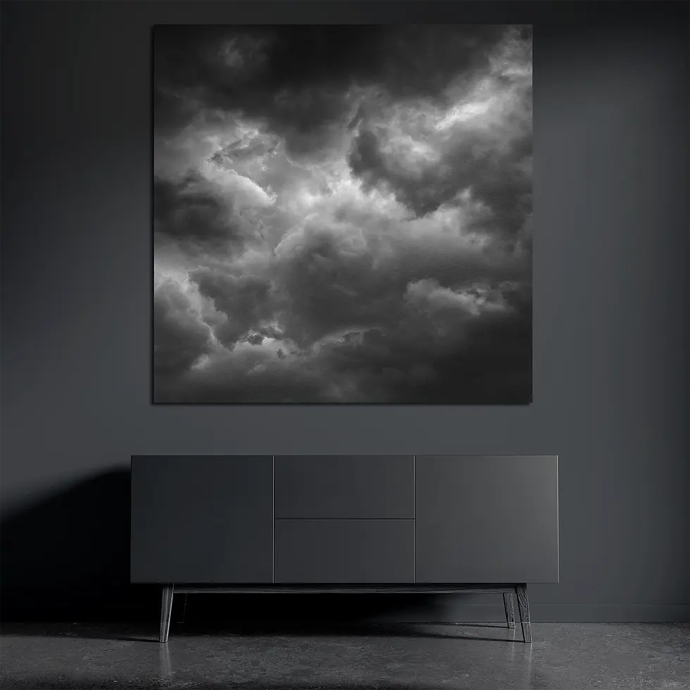 Square storm cloud metal wall art above dark console