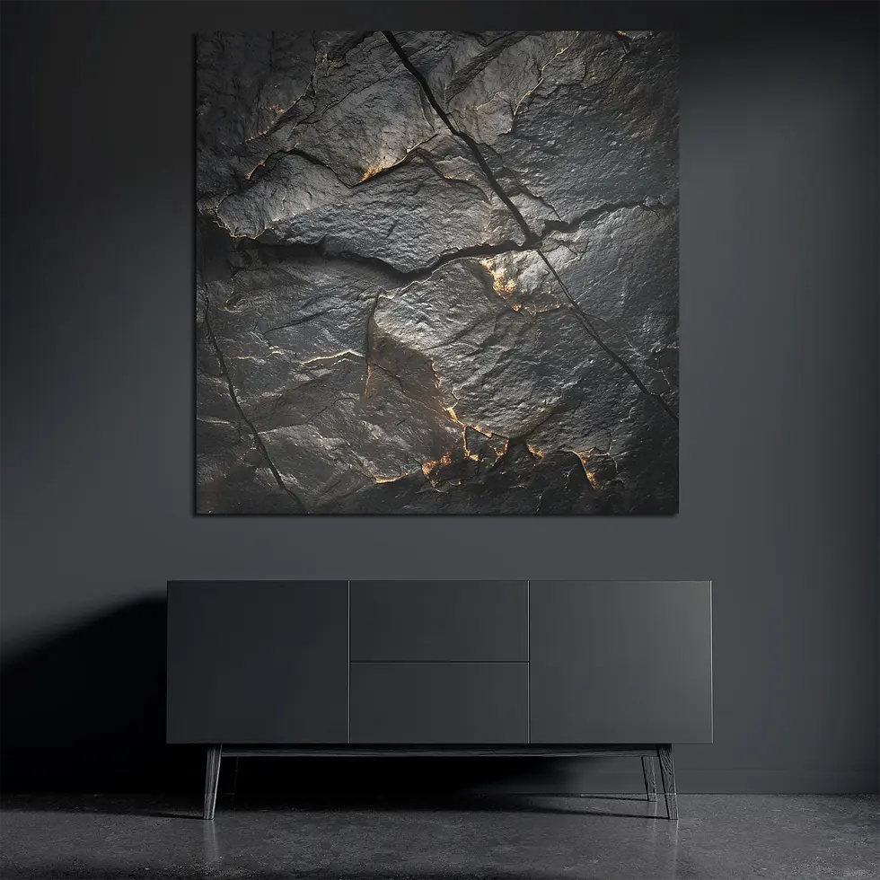 Black gold stone metal wall art on brushed aluminum above dark console