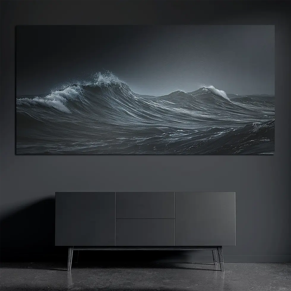 Panoramic brushed aluminum wall art with dark ocean waves on dark wall above dark console