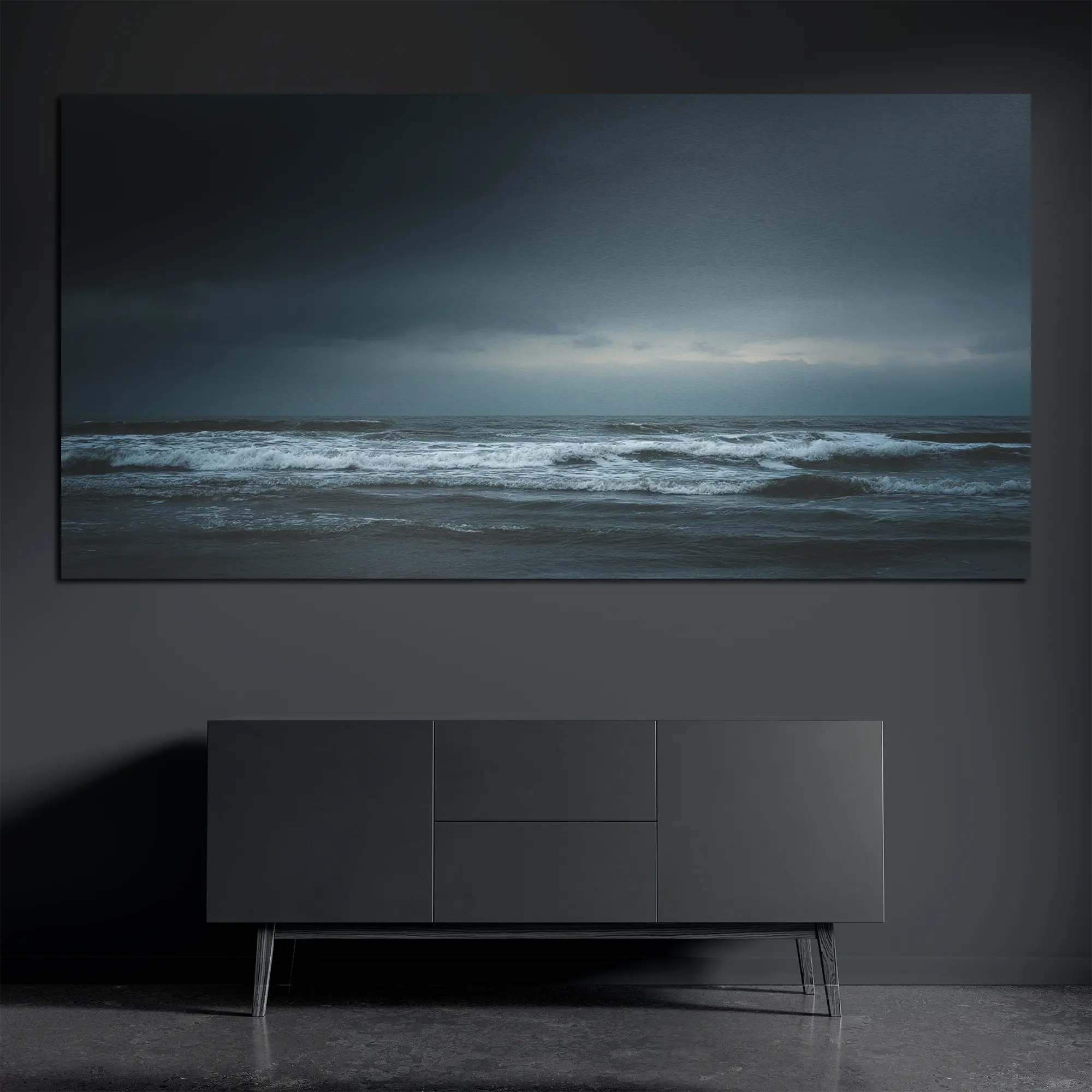 Dark stormy ocean panoramic metal wall art above modern dark console