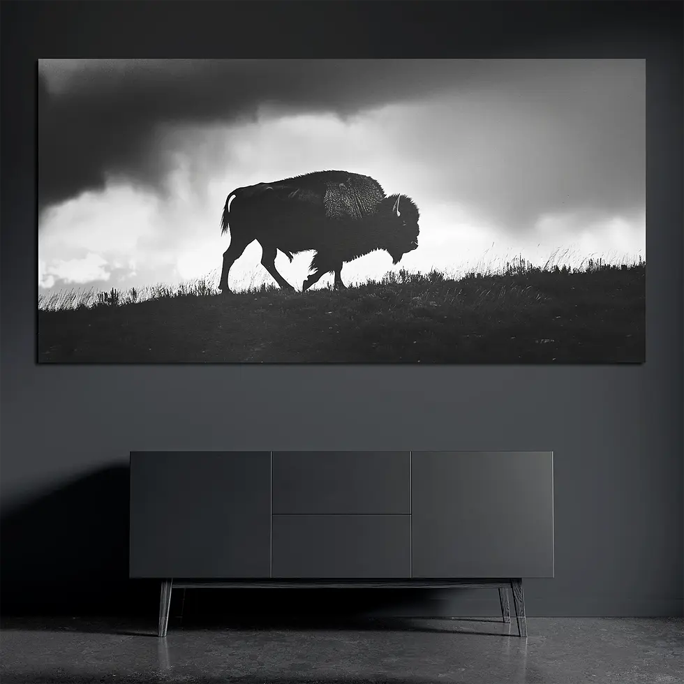 Black and white bison metal wall art on brushed aluminum above dark console