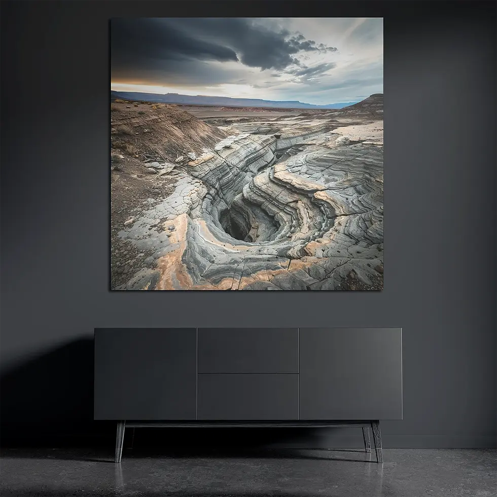 Geology metal wall art on brushed aluminum above dark console