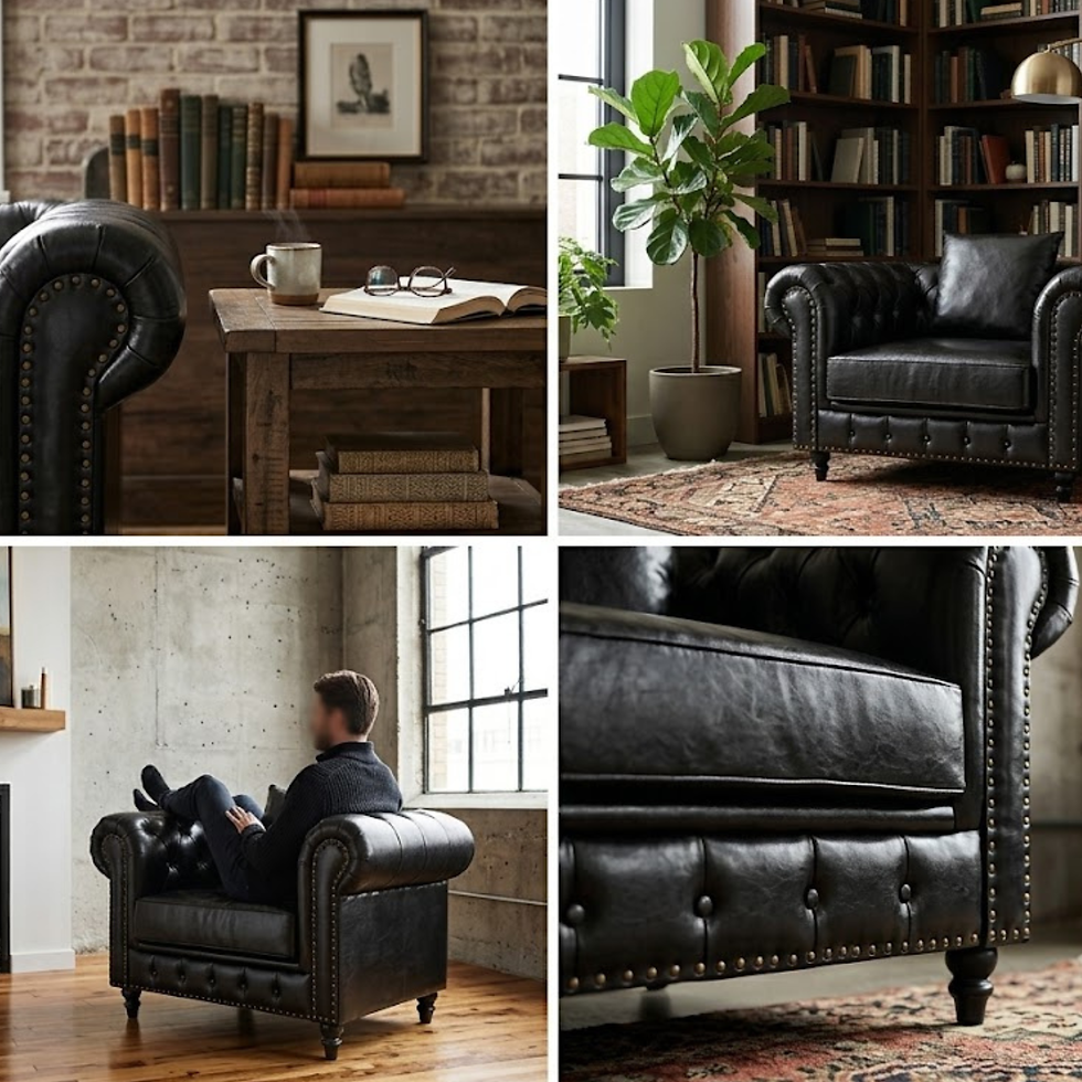 Detailed angles and premium leather craftsmanship of Chester lounge chair
