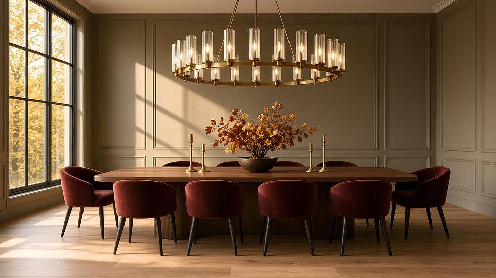 A walnut dining table under a ribbed glass chandelier