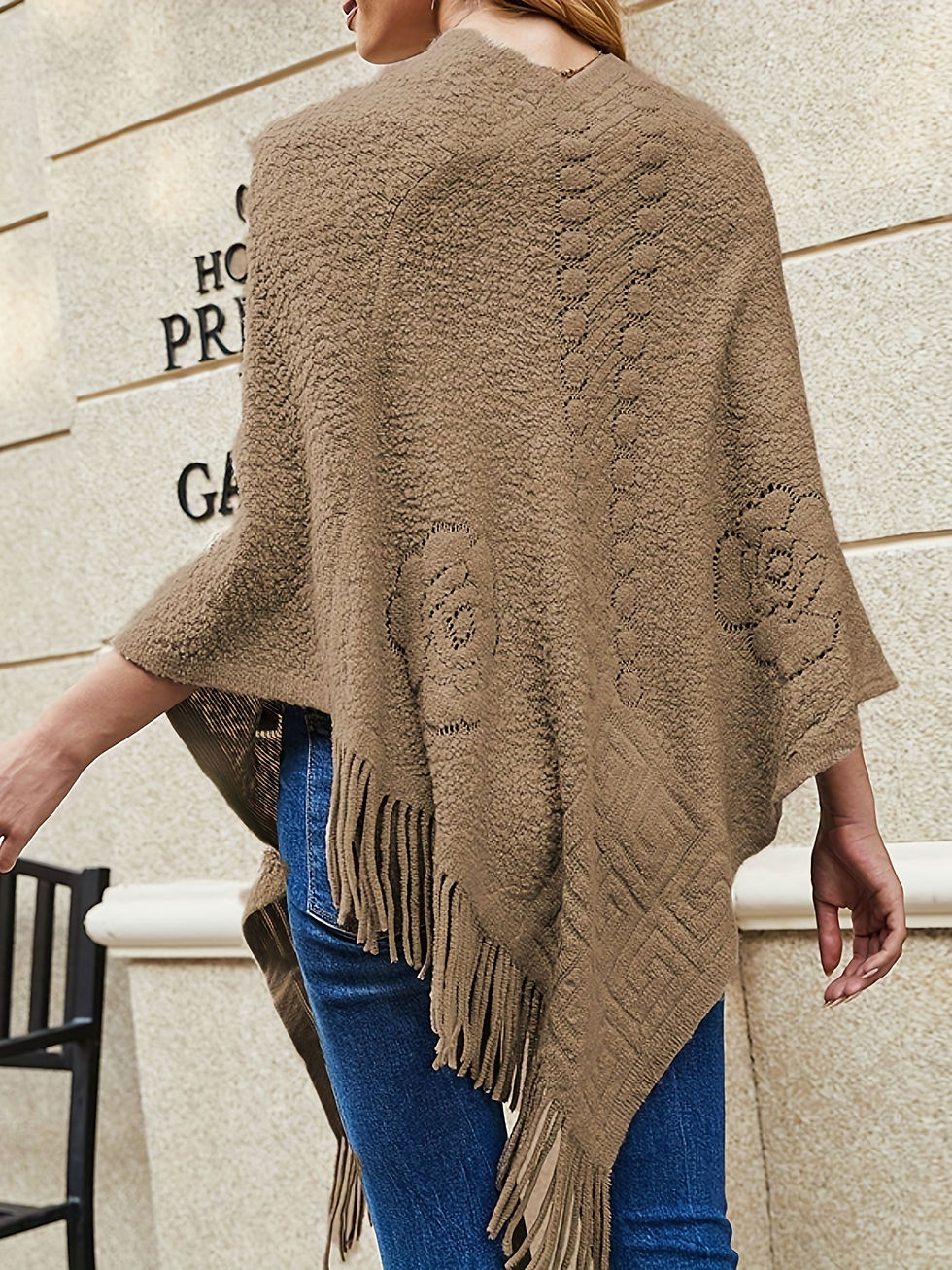 Thumbnail: Stylish Women's Beaded V Neck Cape Sweater with Tassel Trim, Casual Loose Shawl 