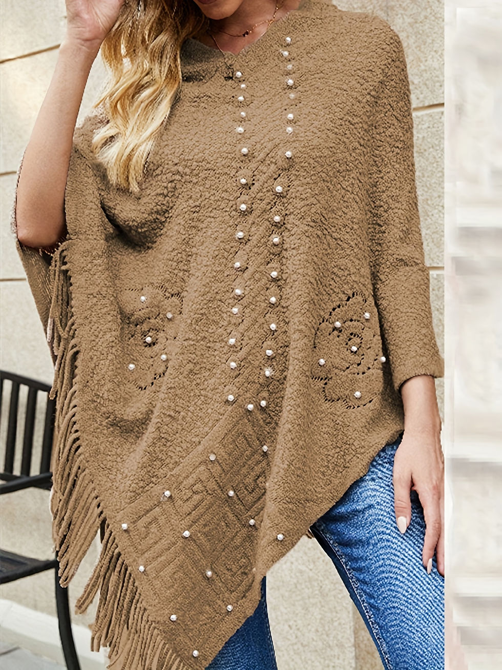 Thumbnail: Stylish Women's Beaded V Neck Cape Sweater with Tassel Trim, Casual Loose Shawl 