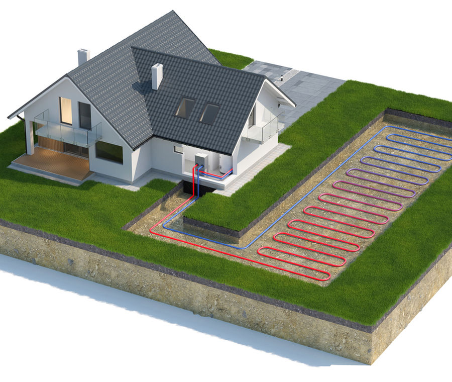 Ground source heat pump system diagram with buried loops