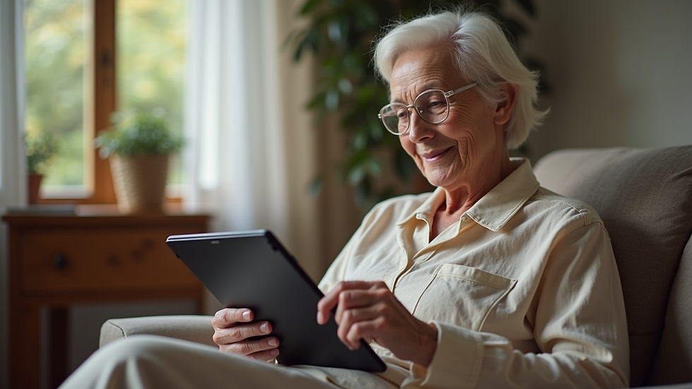 Close-up view of a senior woman sitting comfortably at home with a tablet, participating in an online satsang