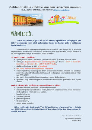 Oznámení o otevření přípravného ročníku ve školním roce 2020/2021