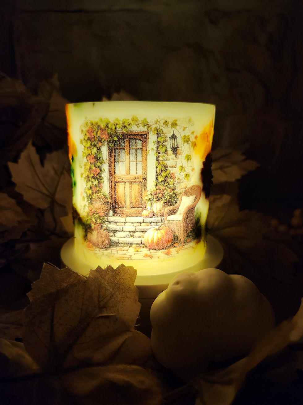 Thumbnail: Everlasting Lighted Wax Decorative Candle Lantern Holder 'Autumn Door'