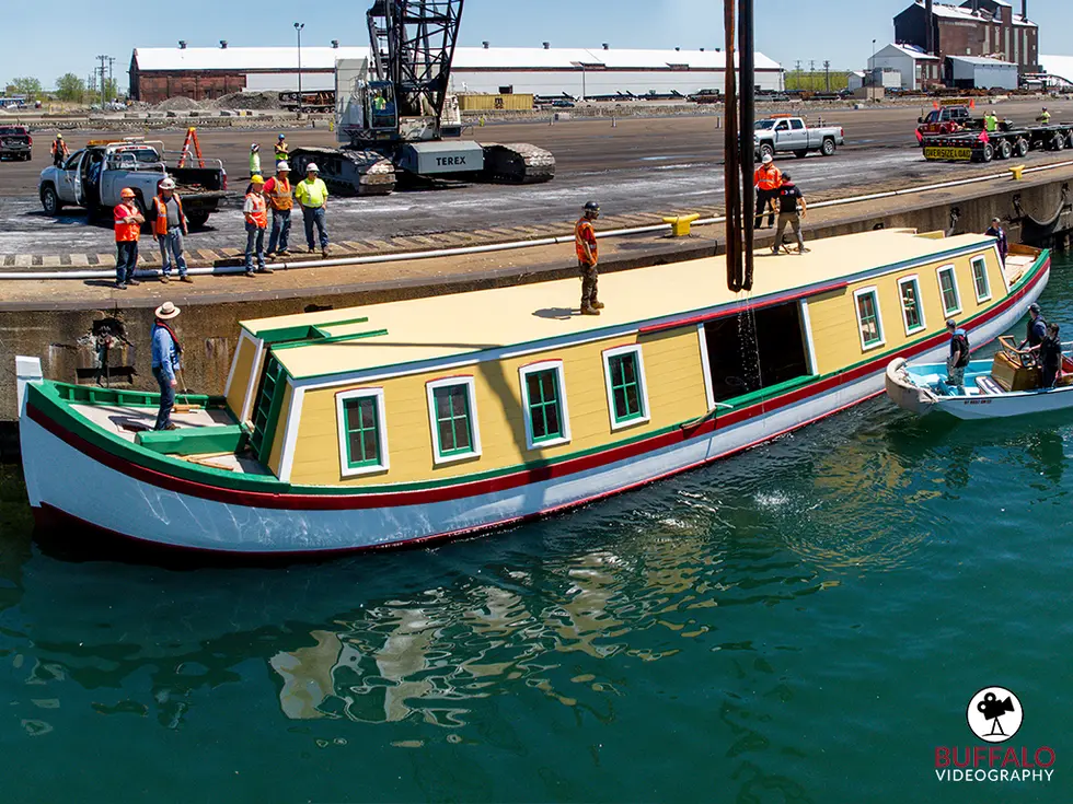 Aerial video of the launch of the newly-constructed, full-sized replica of the Erie Canal Boat Seneca Chief. The Buffalo Maritime Center