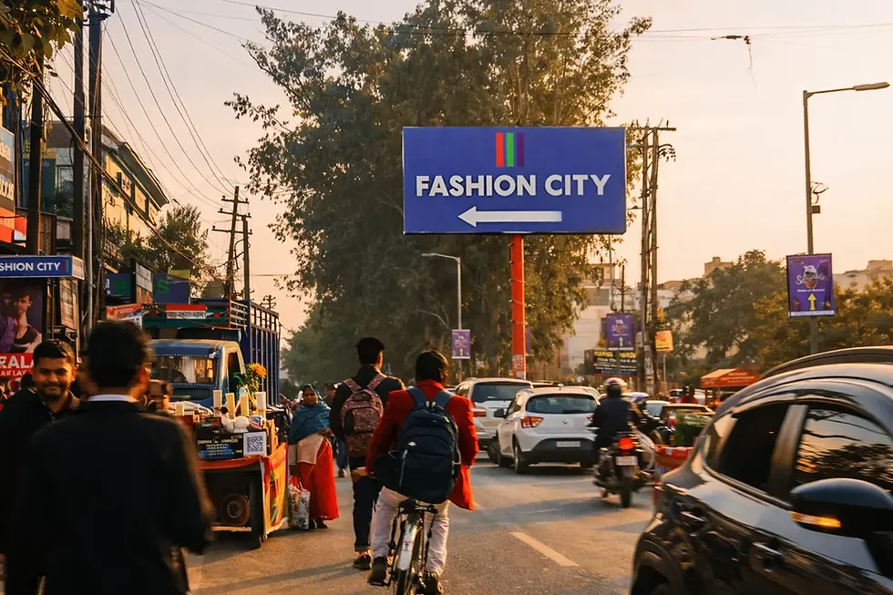 Sign for Fashion City with arrow, people, cars, and cityscape background.