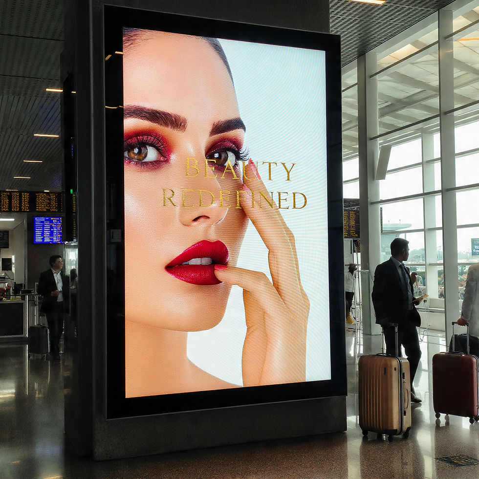 Airport terminal advertising showcasing beauty brand with Beauty Refined message