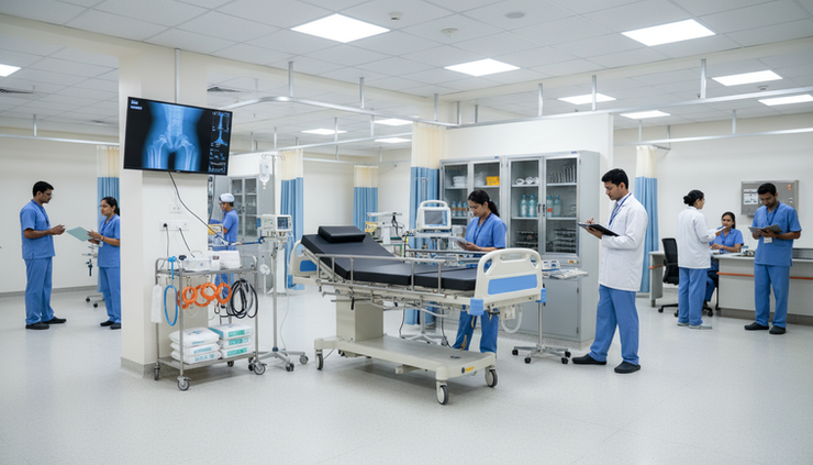Wide-angle view of an emergency orthopedic treatment area with a hospital bed and imaging screens