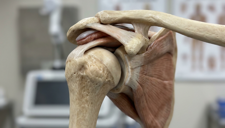 Side view of shoulder anatomy showing narrowed space below the acromion