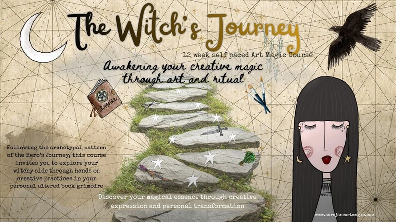 The Witch's Journey path with raven and moon and contemplating witchy  character illustration 