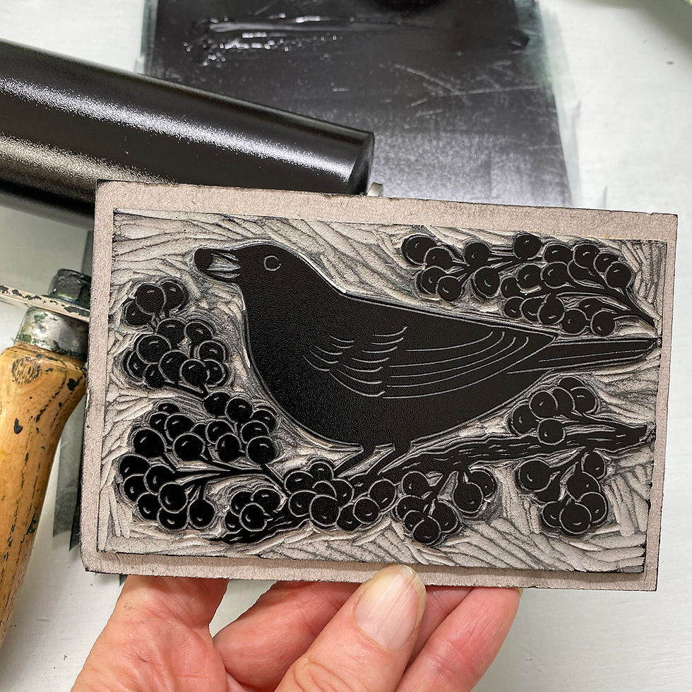 Thumbnail: Printing Blackbird linocut print