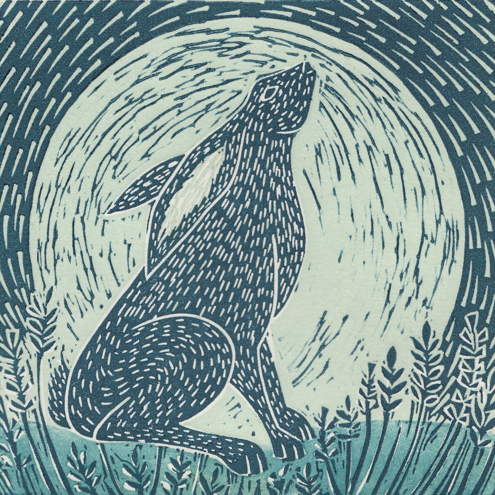 Moon Gazing Hare linocut print