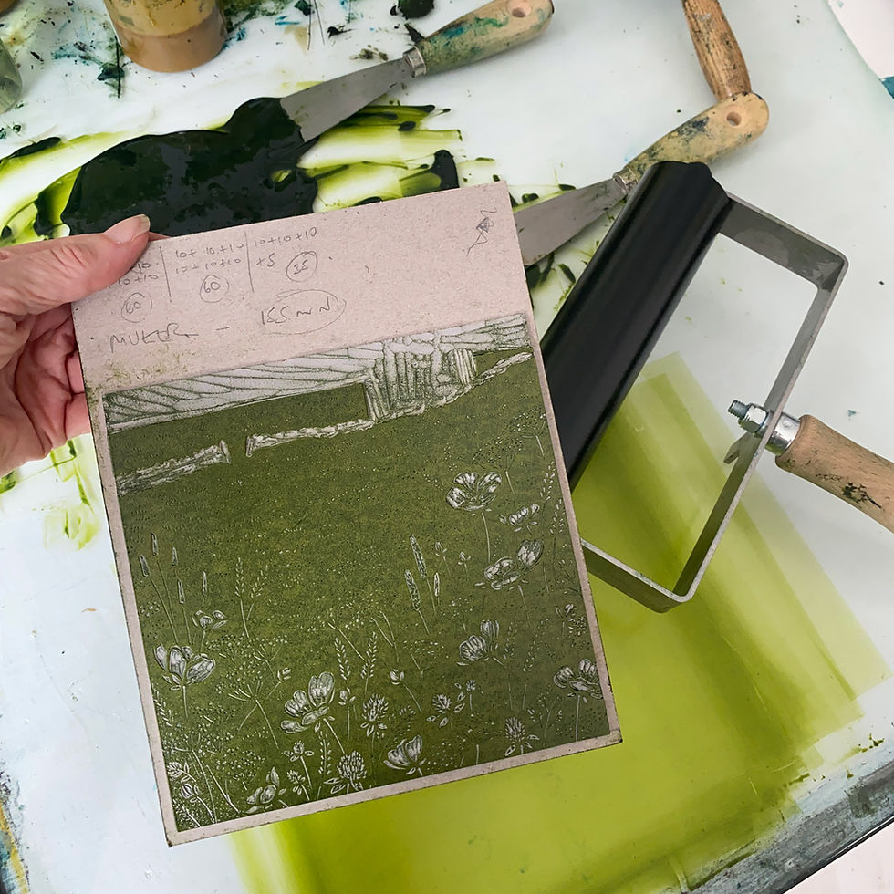 Thumbnail: Inking meadow flowers lino block in green, Muker Meadows art