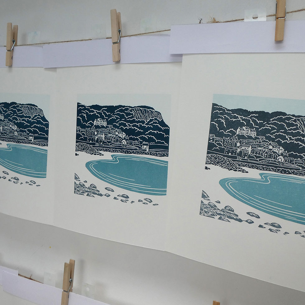 Thumbnail: Prints drying - Runswick Bay linocut print