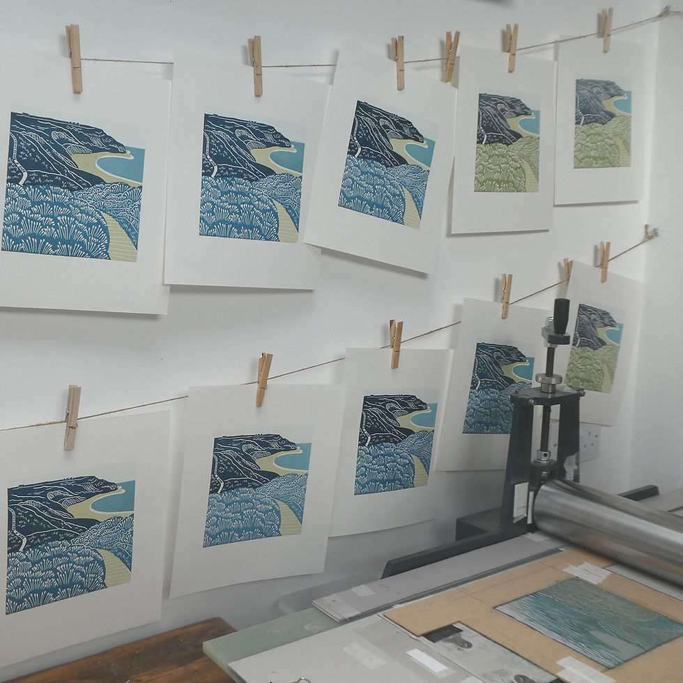 Thumbnail: Port Mulgrave, Yorkshire Coast, original linocut print - sage