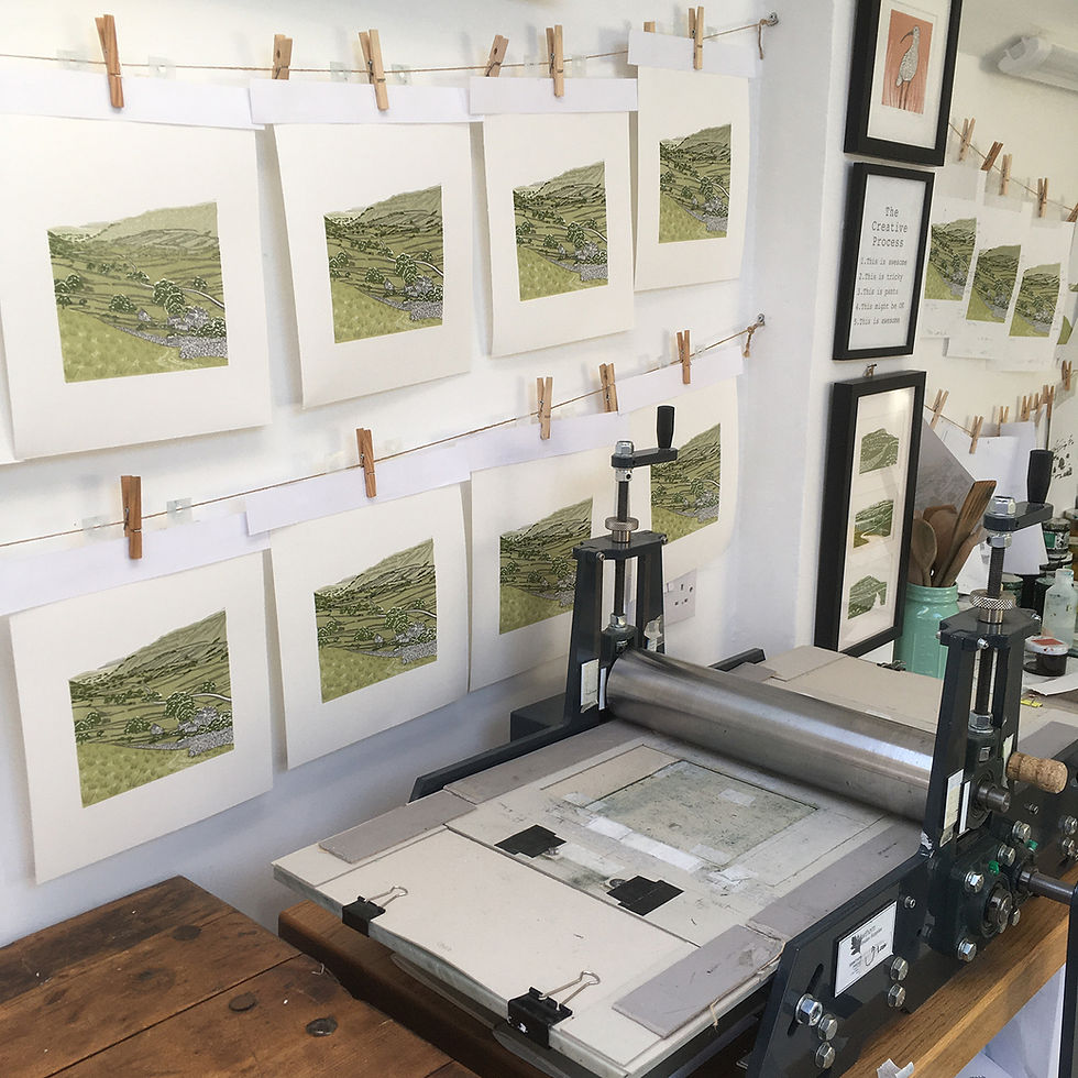 Thumbnail: Upper Wharfedale, Yorkshire Dales original linocut print