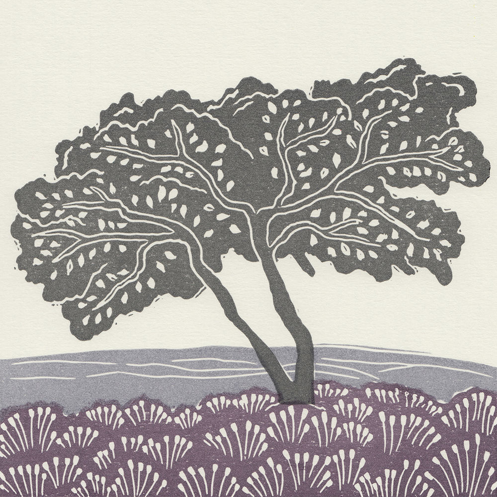 'Lone Tree, Esk Valley', North York Moors, original linocut print - Heather