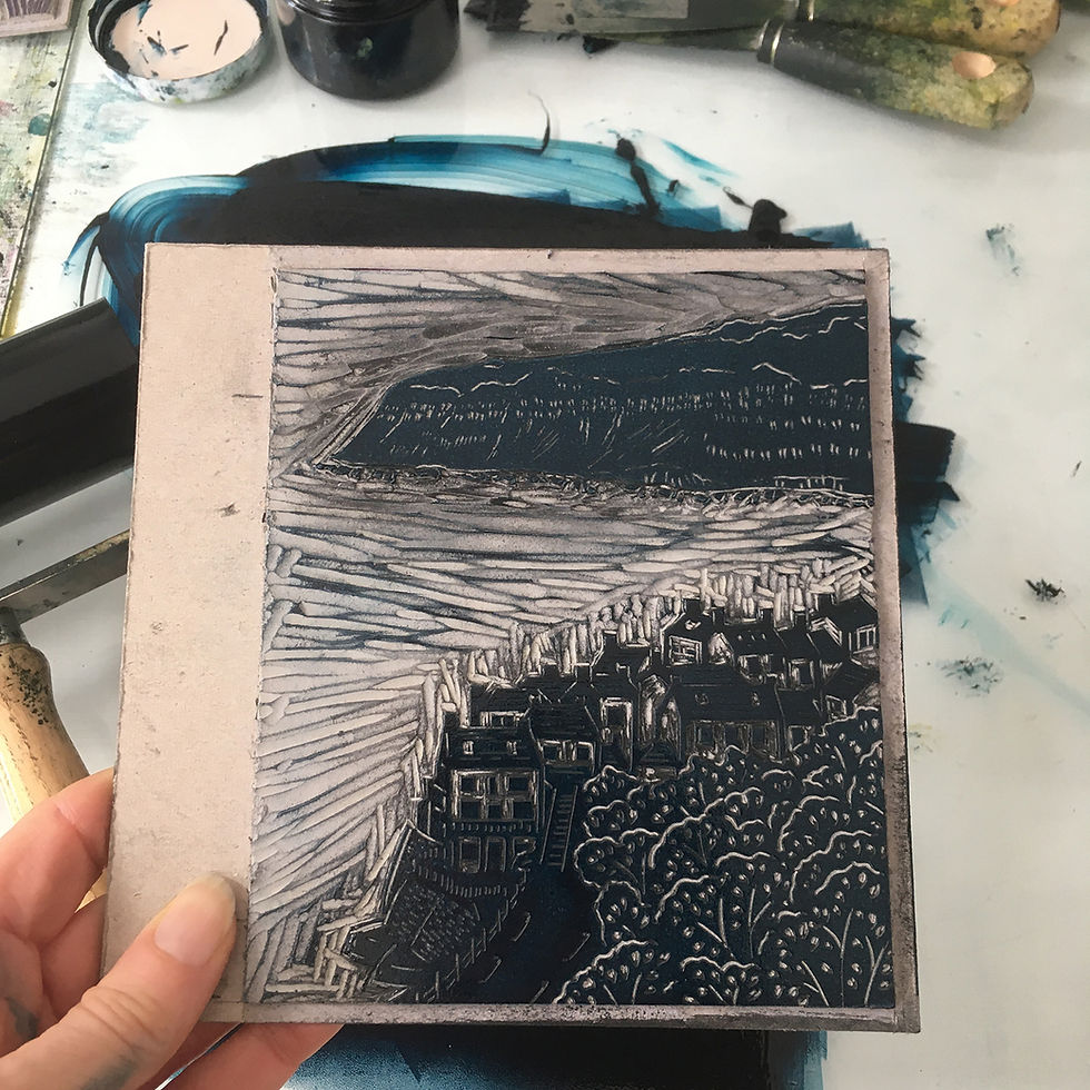 Thumbnail: Inking the lino block of houses – Detailed hand-printing for Robin Hood’s