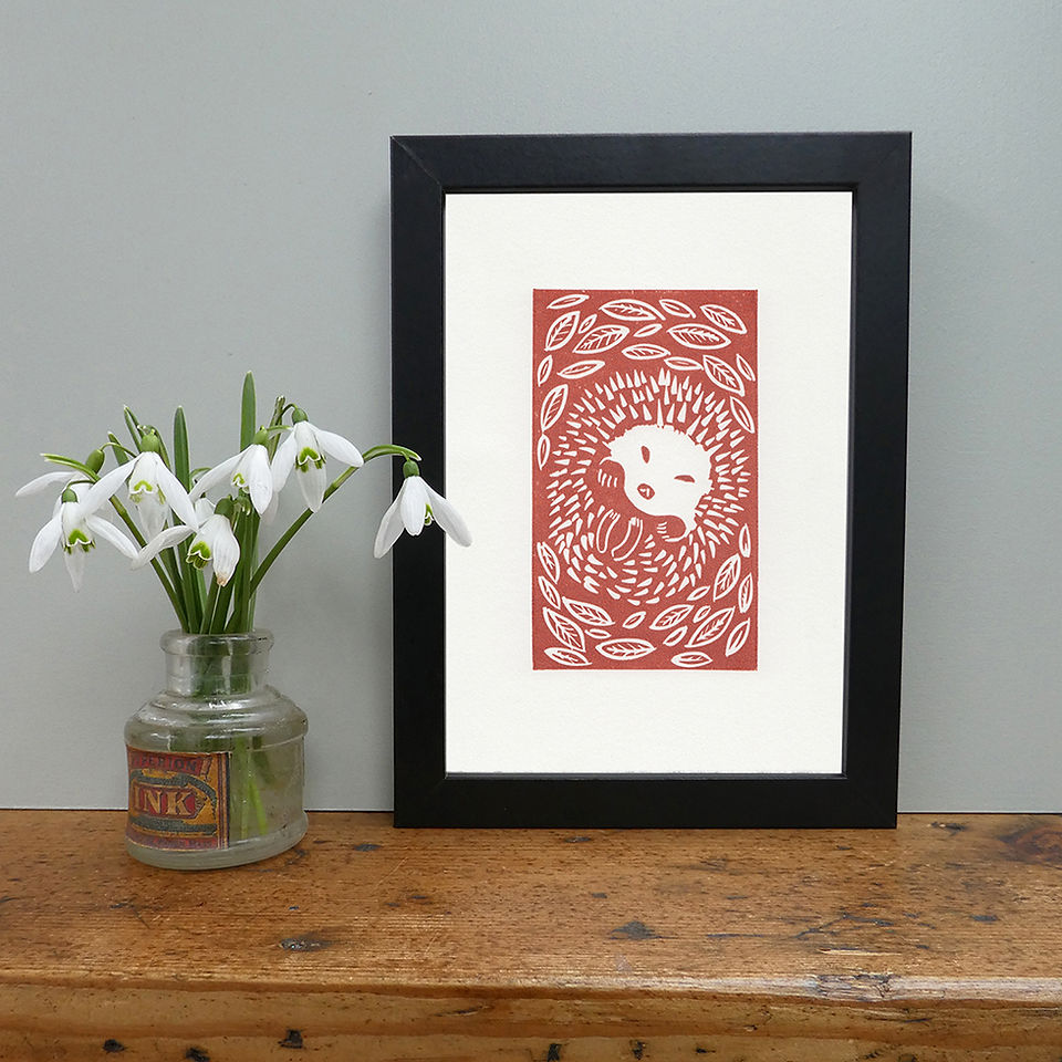Autumn Hedgehog, original linocut print - Terracotta