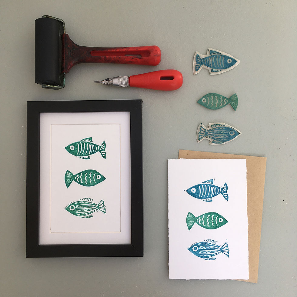 Printed mark making fish design, lino blocks and tools