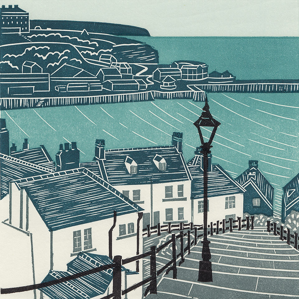 Whitby Steps lino print