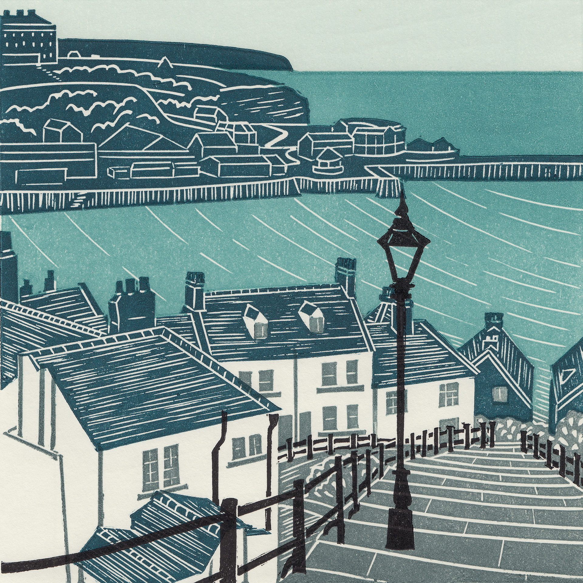 Whitby Steps linocut print