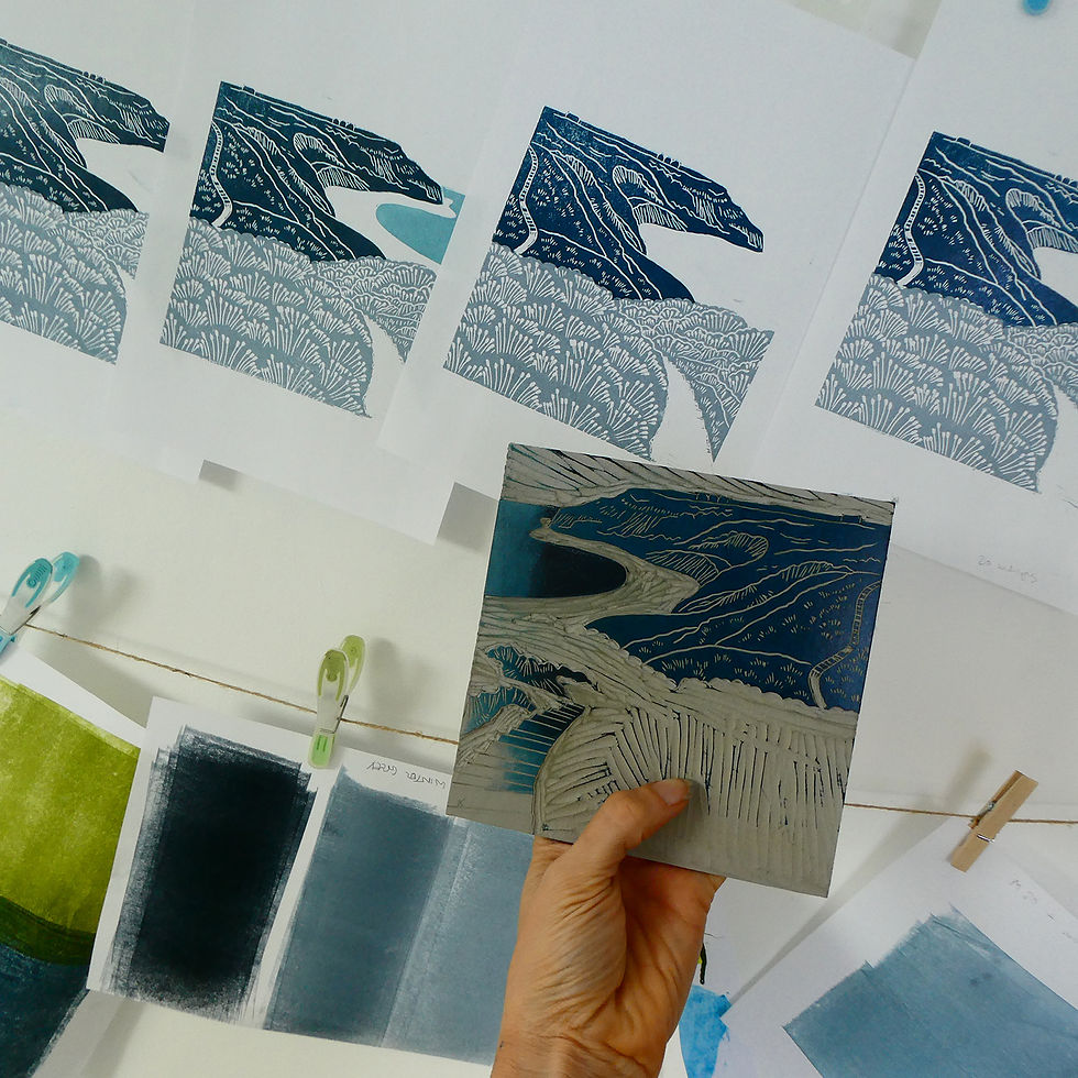Thumbnail: Port Mulgrave, Yorkshire Coast, original linocut print - sage