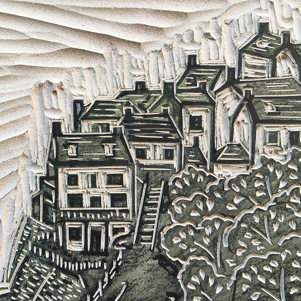 Thumbnail: Close-up detail of lino block carving – Robin Hood’s Bay linocut printmaking technique