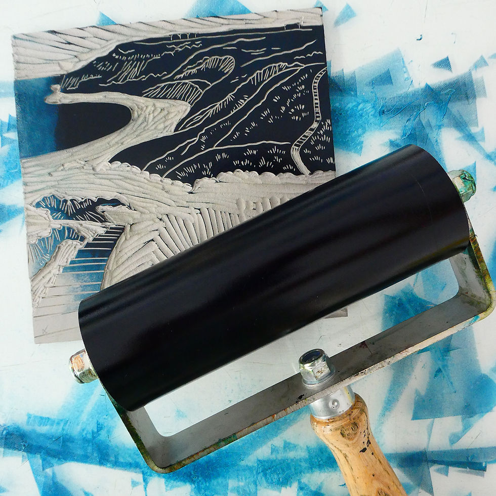 Thumbnail: Port Mulgrave, Yorkshire Coast, original linocut print - sage