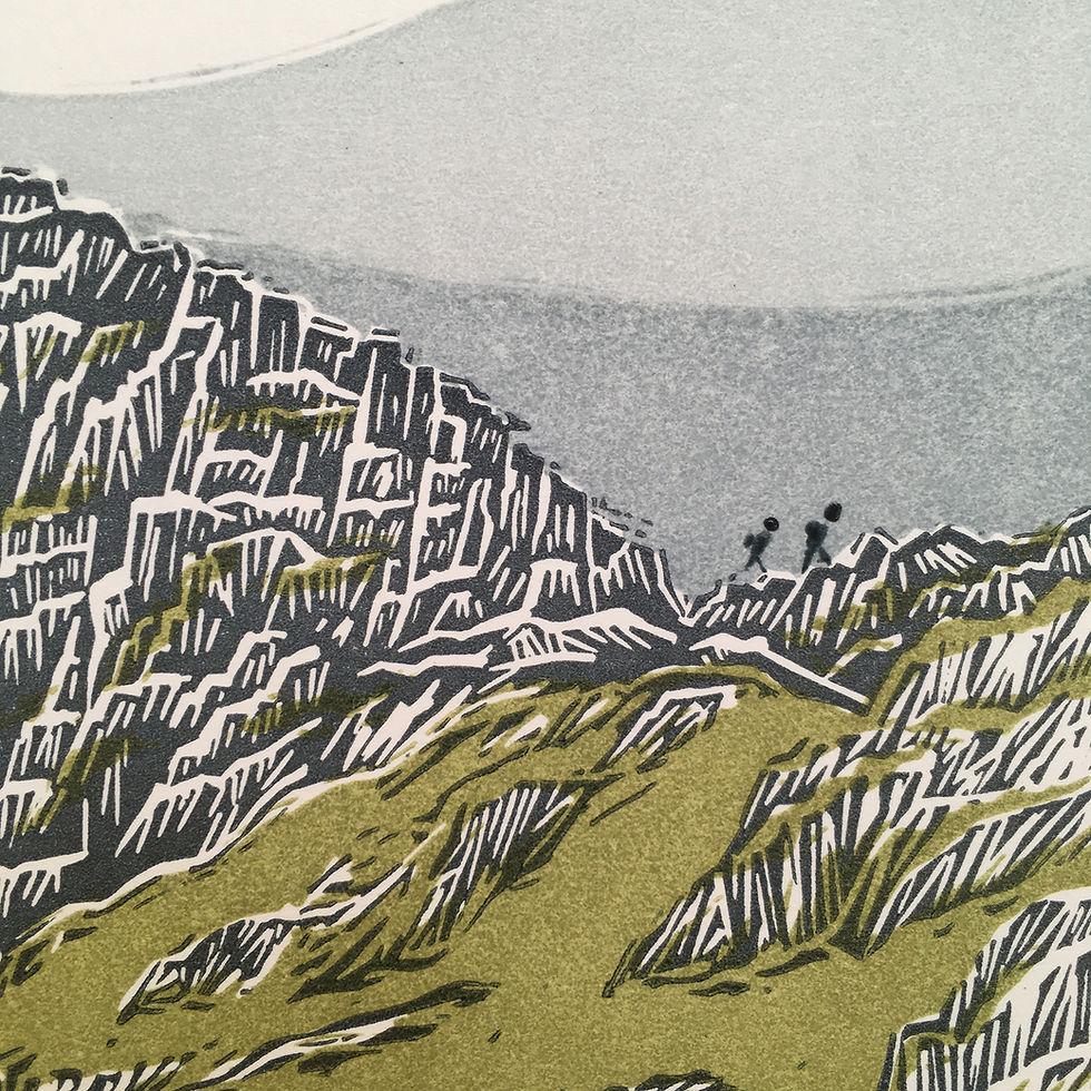 Thumbnail: Striding Edge, Helvellyn, Lake District, original linocut print