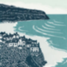 Original linocut print of Robin Hood’s Bay in indigo blue and teal – Yorkshire Coast landscape art