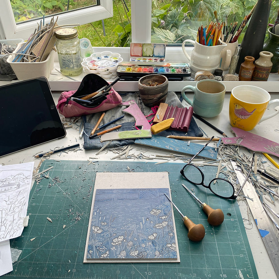 Thumbnail: Michelle Hughes carving Muker meadows in her print studio