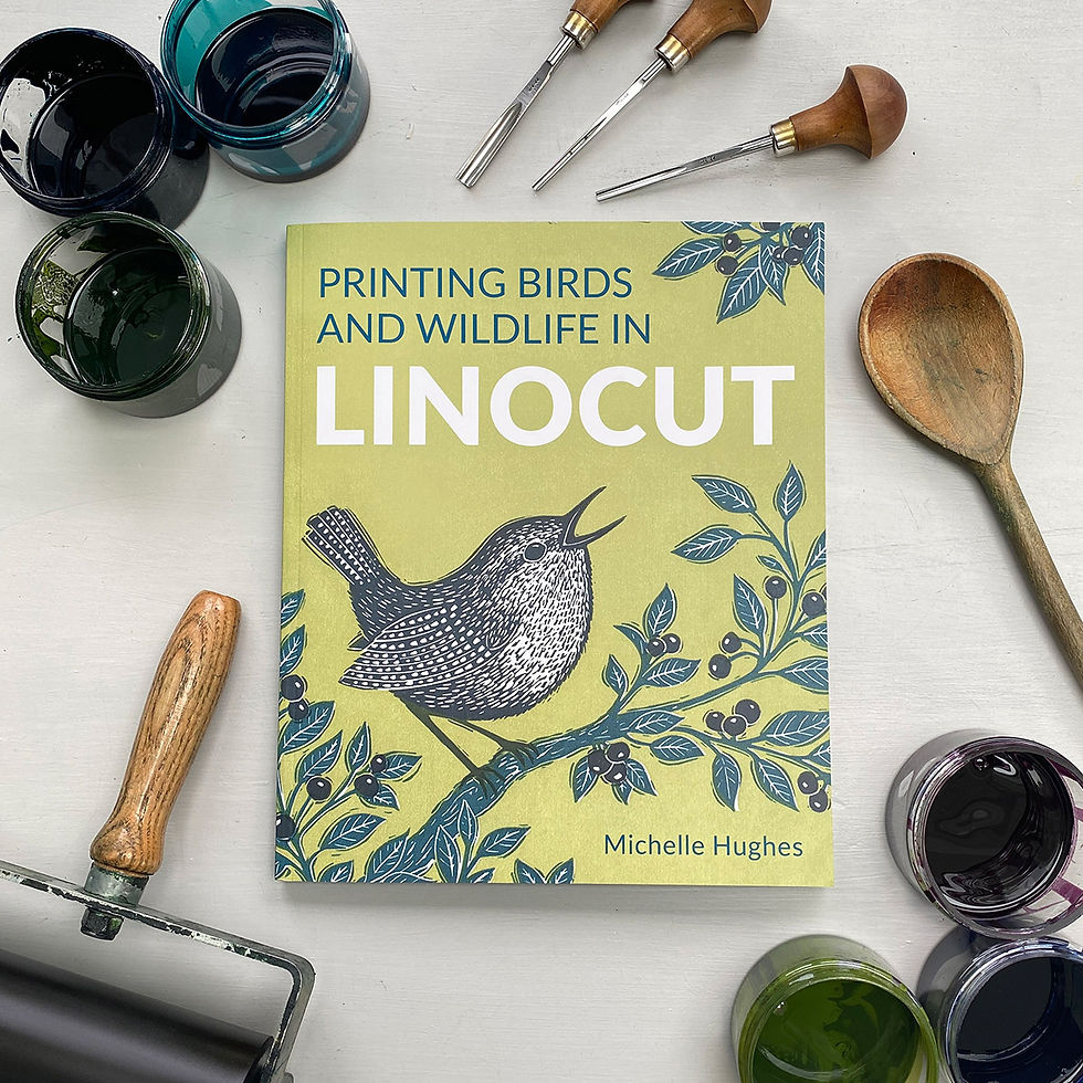 Printing Birds and Wildlife in Linocut Michelle Hughes book in studio