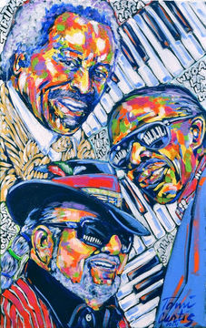 Three Piano Men, Musicians against piano backdrop - Painting by Tami Curtis