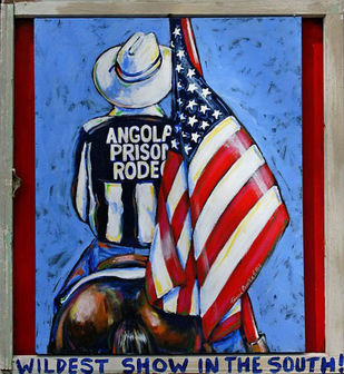 Angola Prison Rodeo horse rider with American flag on blue backdrop - Painting by Tami Curtis
