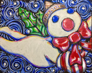 Beloved Christmas character on swirly blue background - Painting by Tami Curtis