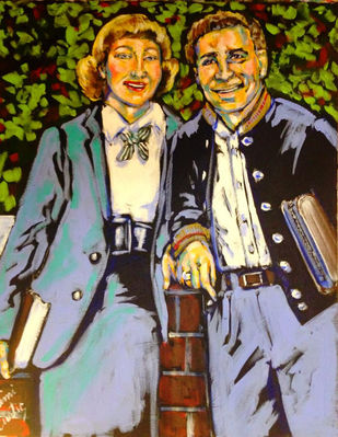 Happy couple poses in matching blue attire - Portrait Painting by Tami Curtis