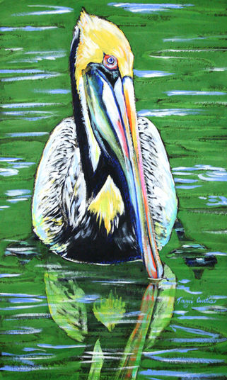 Louisiana Pelican on green water in the bayou - Painting by Tami Curtis