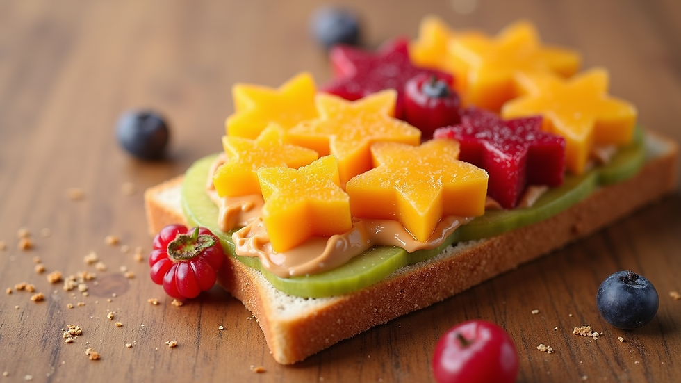 Eye-level view of a colorful peanut butter and fruit sandwich cut into star shapes