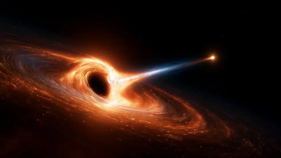Glowing black hole with orange accretion disk and blue jet streaking through a dark starry space scene