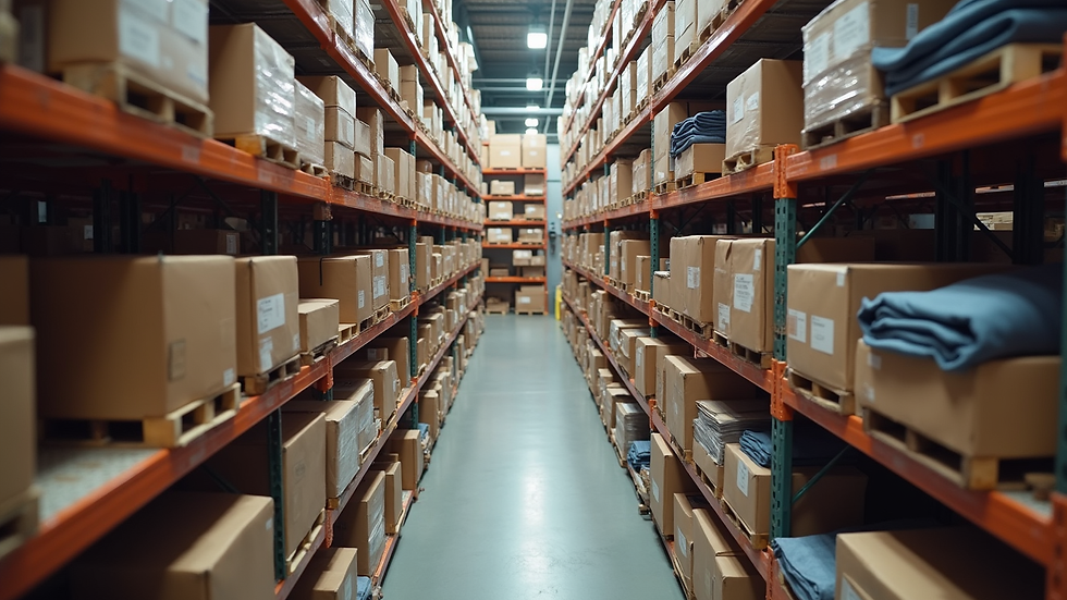 High angle view of warehouse shelves stocked with packaged clothing ready for shipment