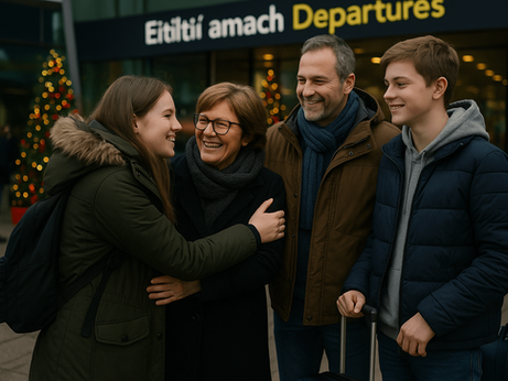 Student in winter coat saying goodbye to host family at Dublin Airport before Christmas flight home.