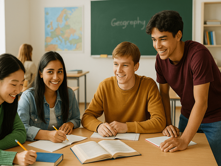 International high school students in Ireland studying together in a bright classroom, collaborating on subject choices during exchange year.